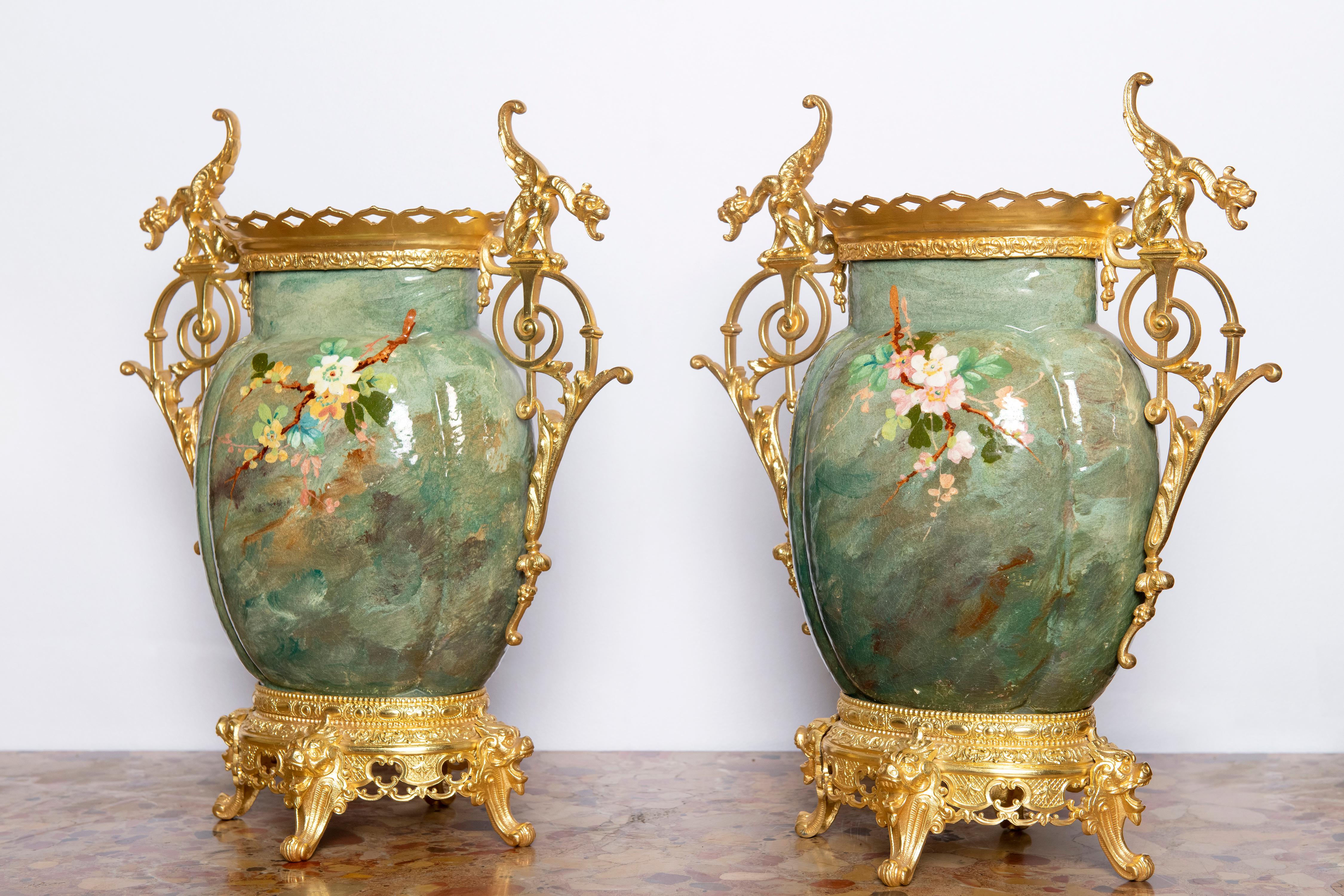 French Pair of Glazed Ceramic and Gilt Bronze Vases, France, Late 19th Century For Sale