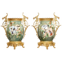 Antique Pair of Glazed Ceramic and Gilt Bronze Vases, France, Late 19th Century