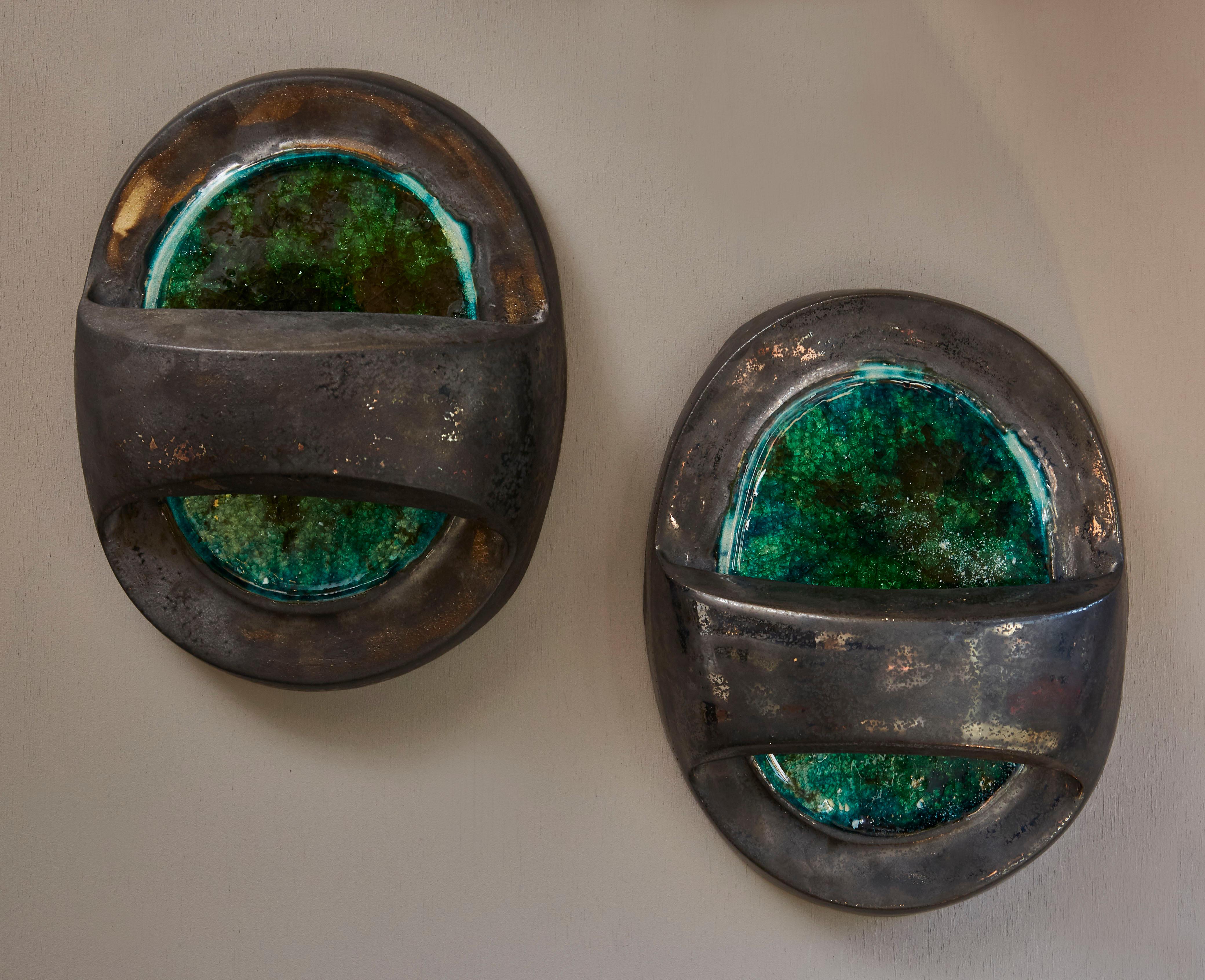 Modern Pair of Glazed Ceramic and Glass Wall Sconces by Melissa Cromwell