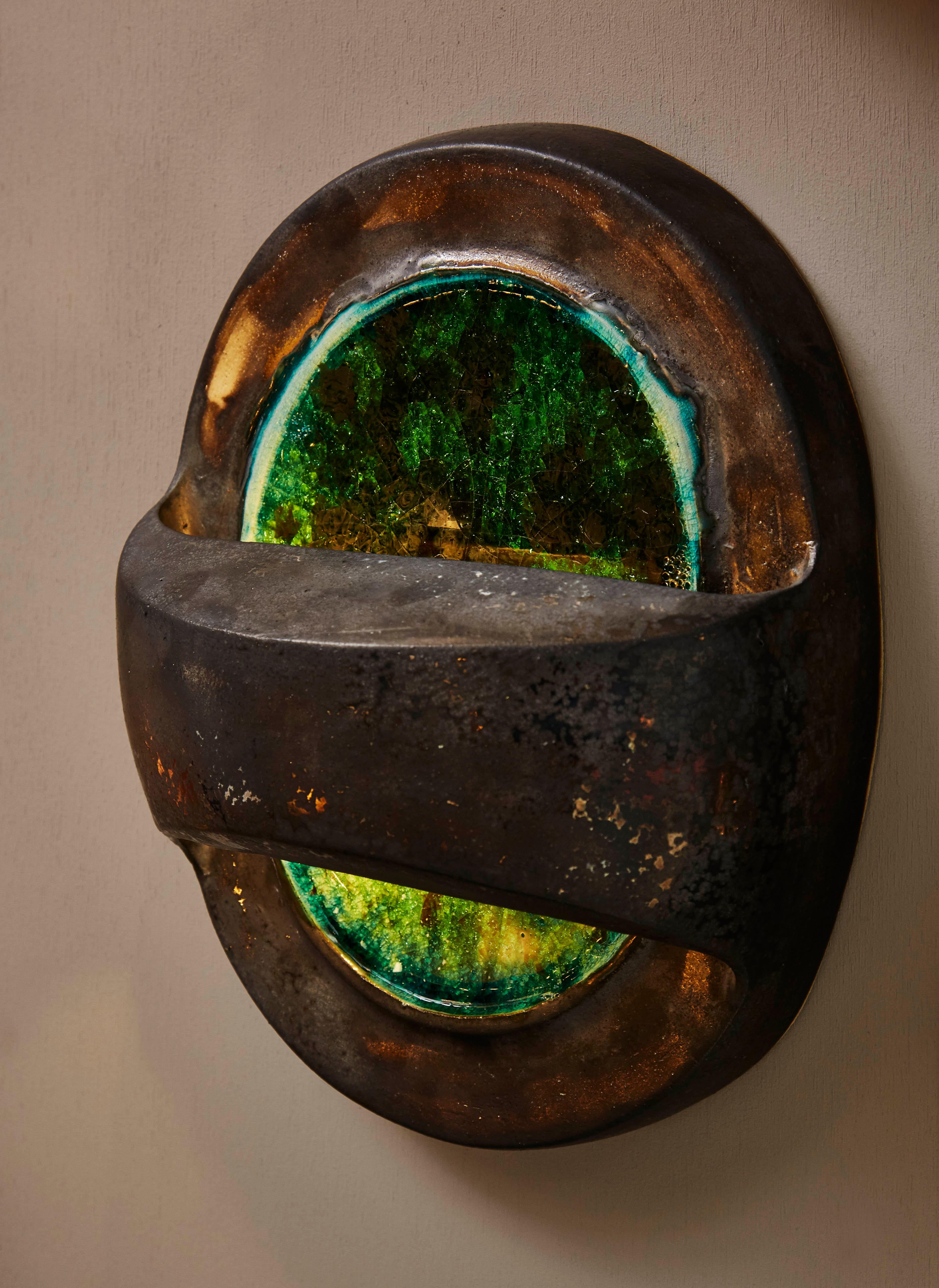 American Pair of Glazed Ceramic and Glass Wall Sconces by Melissa Cromwell