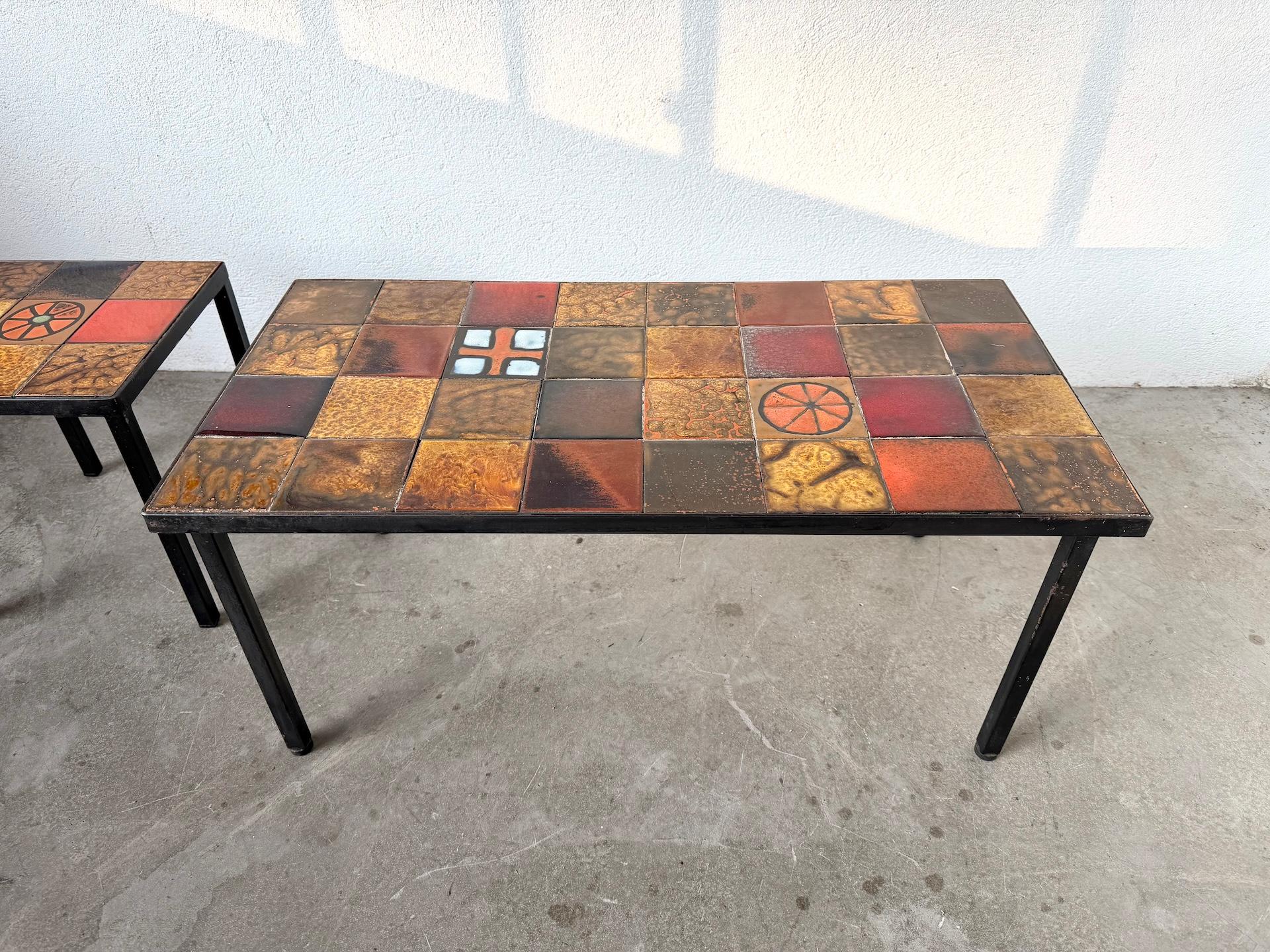 Mid-20th Century Pair of glazed ceramic and metal coffee tables edited by Roche Bobois For Sale