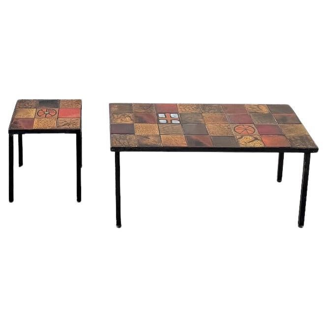 Pair of glazed ceramic and metal coffee tables edited by Roche Bobois For Sale