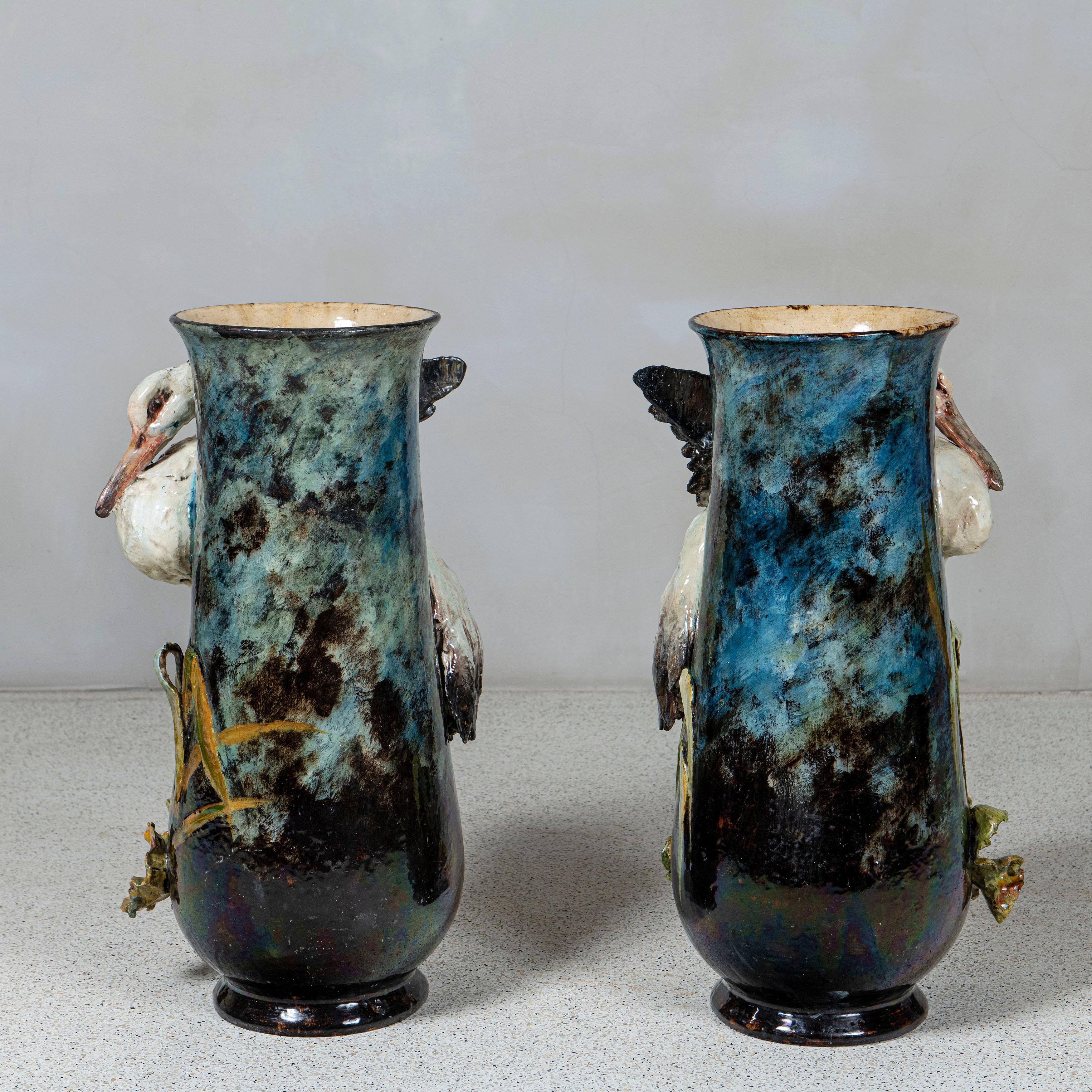 Art Nouveau Pair of Glazed Ceramic Barbotine Vases with Heron and Flowers, France, C. 1890 For Sale