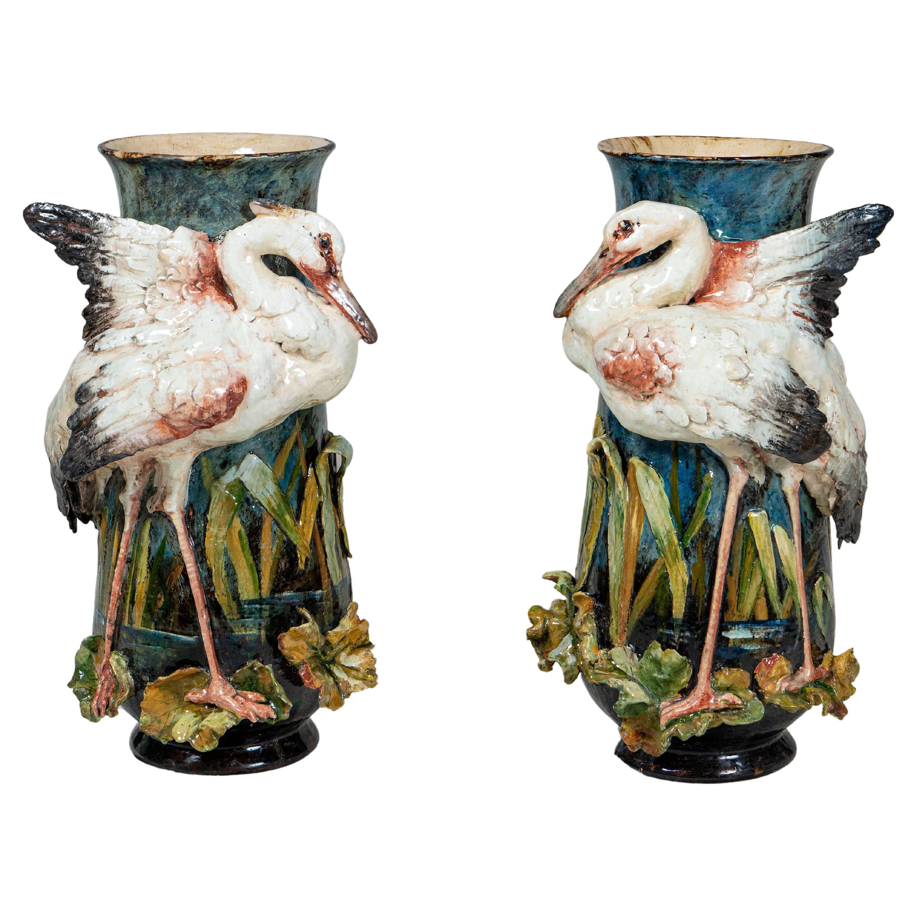 Pair of Glazed Ceramic Barbotine Vases with Heron and Flowers, France, C. 1890 For Sale