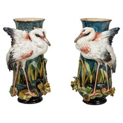 Pair of Glazed Ceramic Barbotine Vases with Heron and Flowers, France, C. 1890