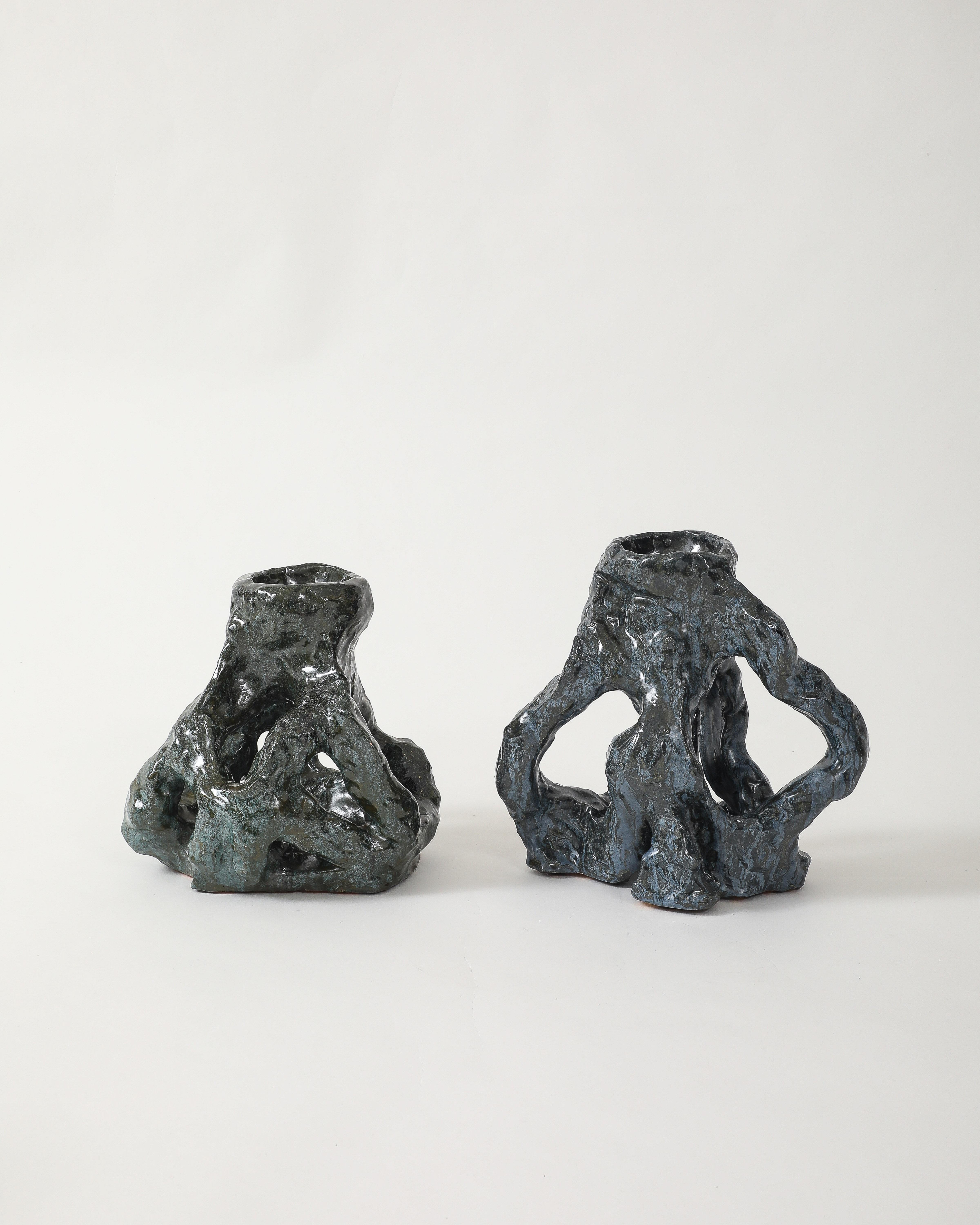 20th Century Pair of Glazed Ceramic Candlesticks For Sale