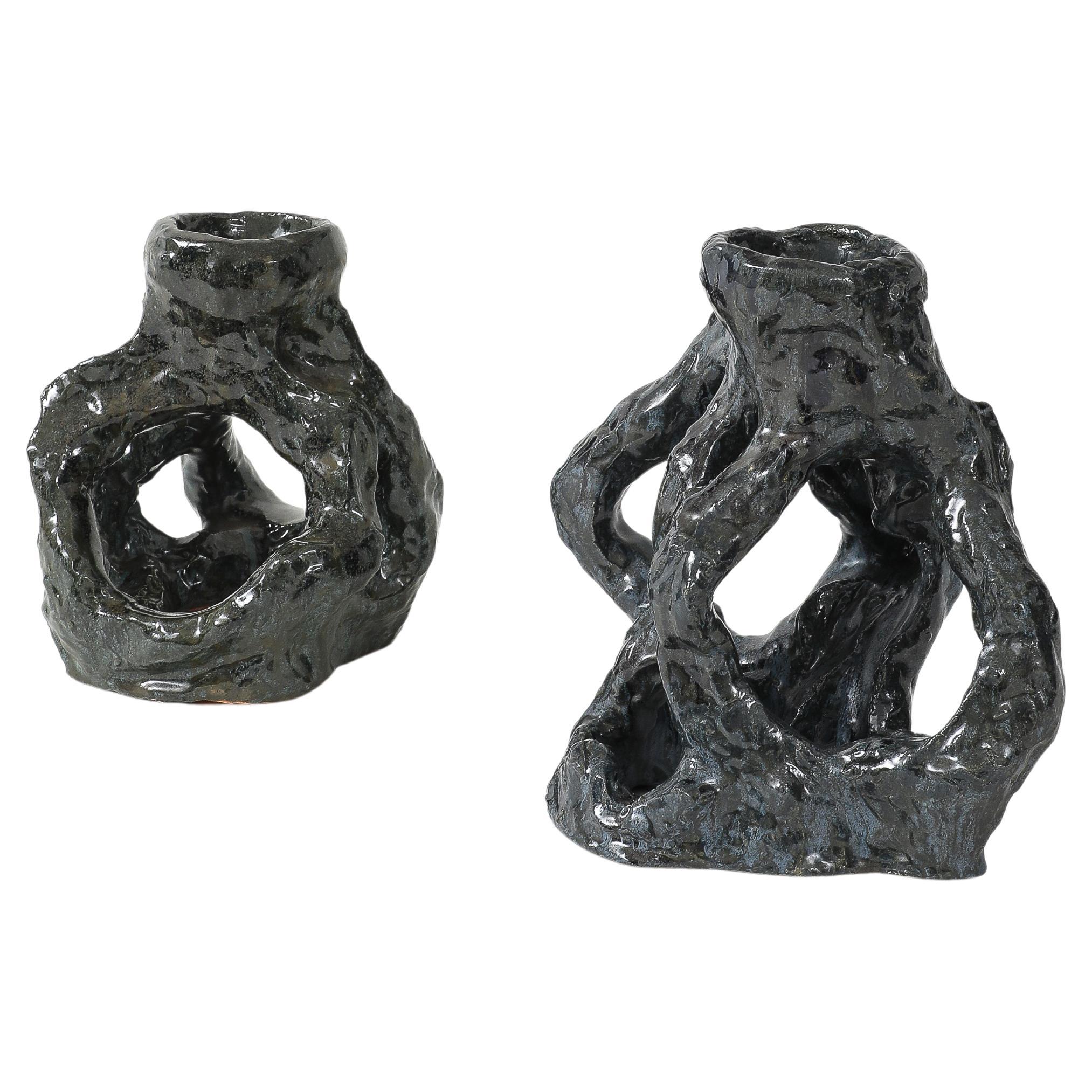 Pareja de Candeleros de Cerámica Esmaltada