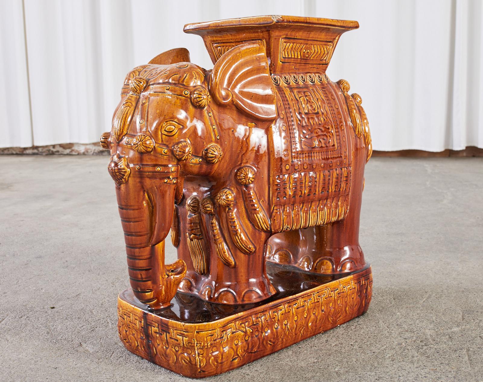 Hollywood Regency Pair of Glazed Ceramic Elephant Garden Stool Drinks Tables