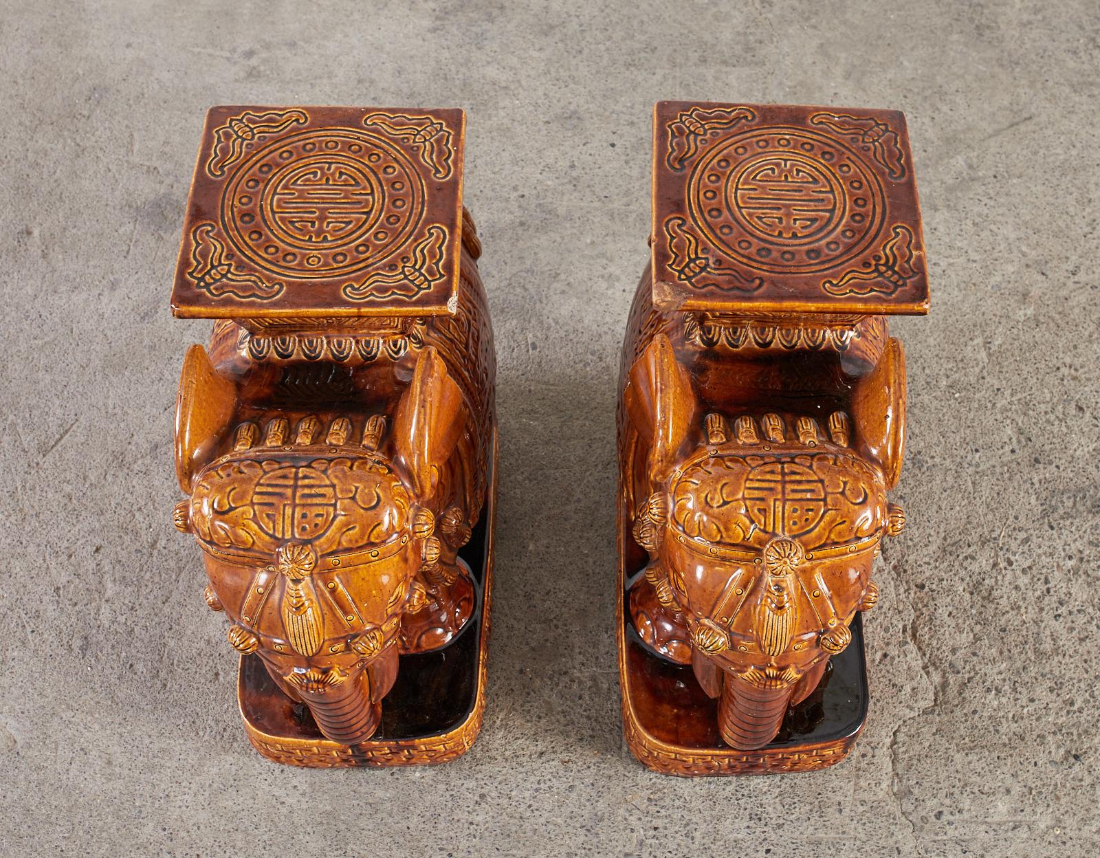 Chinese Pair of Glazed Ceramic Elephant Garden Stool Drinks Tables