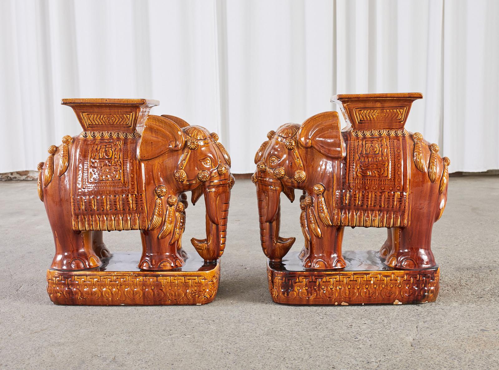Pair of Glazed Ceramic Elephant Garden Stool Drinks Tables In Good Condition In Rio Vista, CA