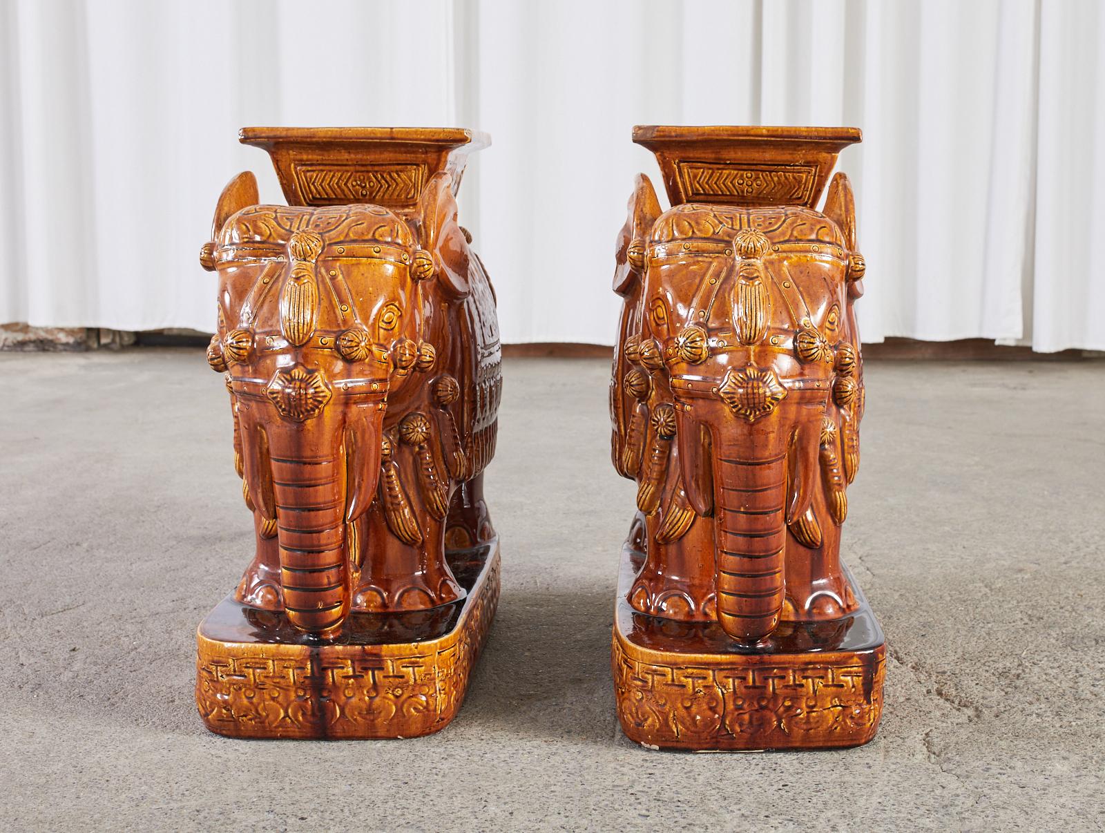 Pair of Glazed Ceramic Elephant Garden Stool Drinks Tables 1