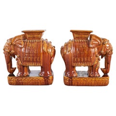 Pair of Glazed Ceramic Elephant Garden Stool Drinks Tables
