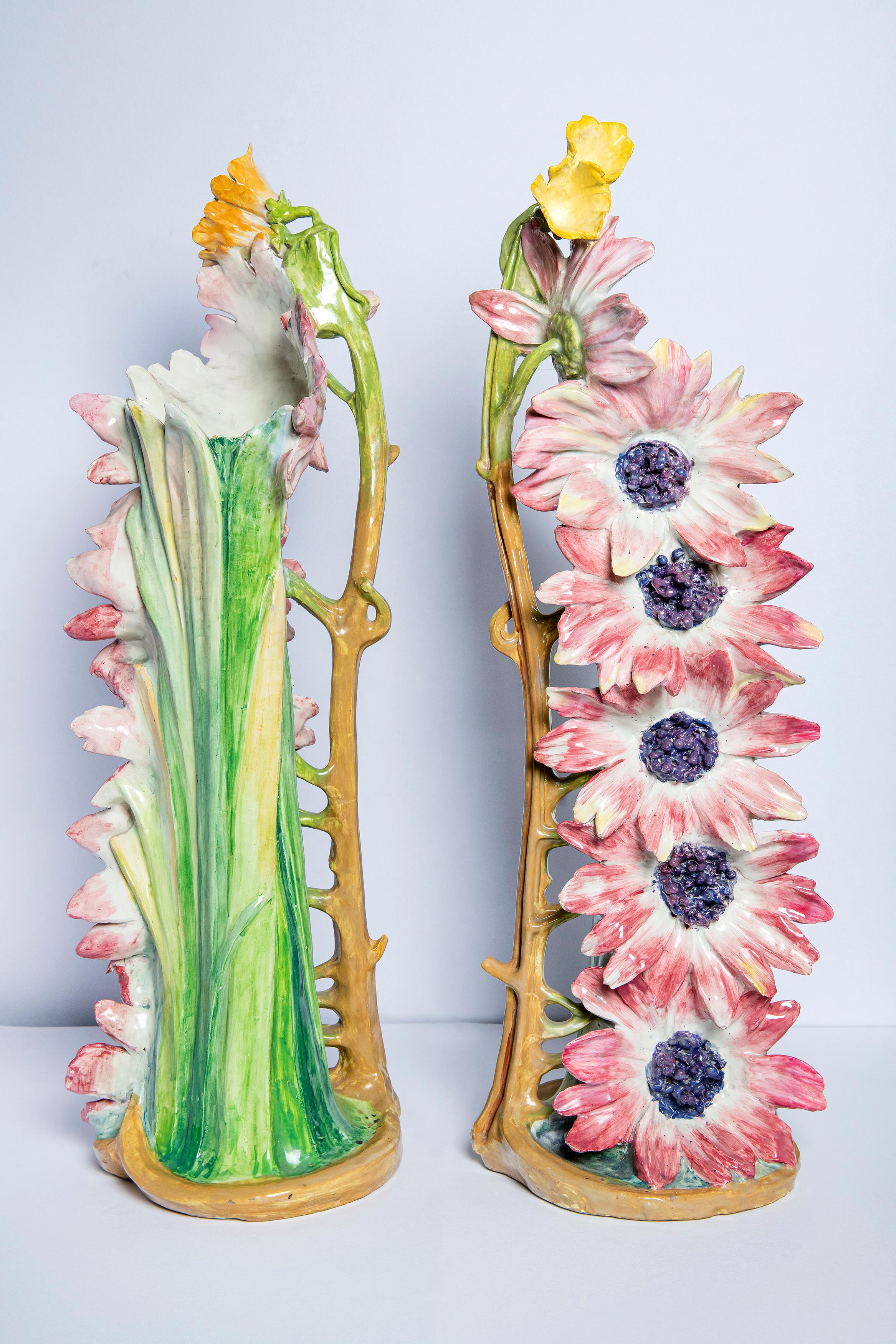 Art Nouveau Pair of Glazed Ceramic Flower Vases by Delphin Massier, France, circa 1890 For Sale