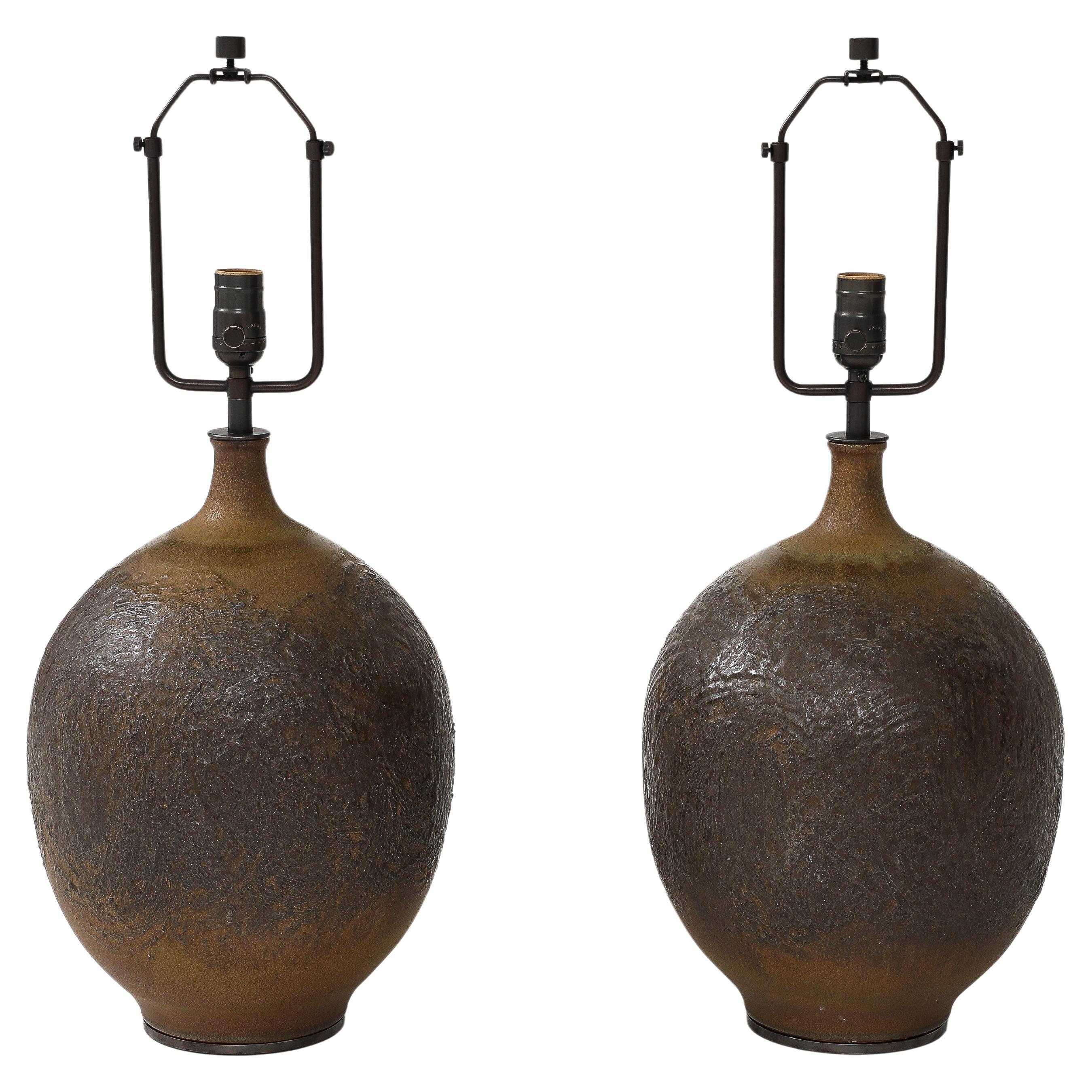 Pair of Glazed Ceramic Lamps by Design Technics, United States, c. 1950 For Sale