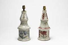 Pareja de lámparas de mesa de cerámica esmaltada, roja y verde, de Le Murier en Vallauris
