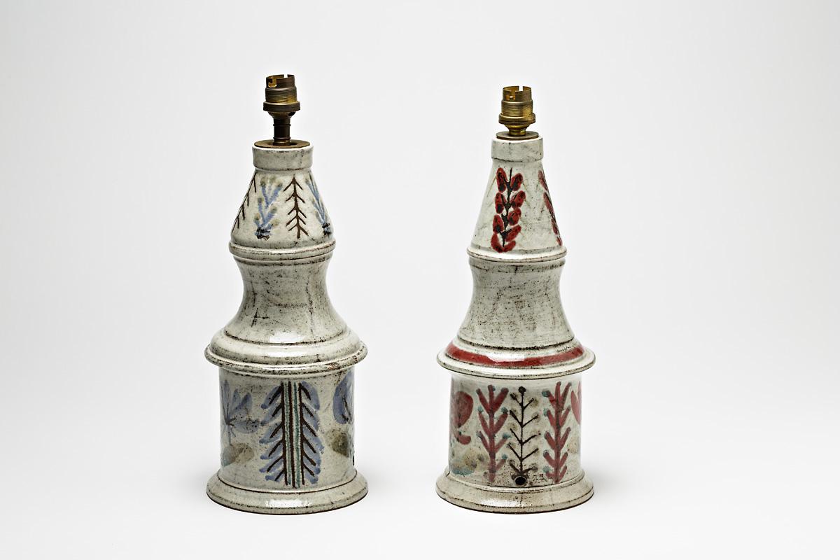 French Pair of glazed ceramic table lamps, red and green by Le Murier at Vallauris