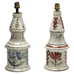 Pair of glazed ceramic table lamps, red and green by Le Murier at Vallauris