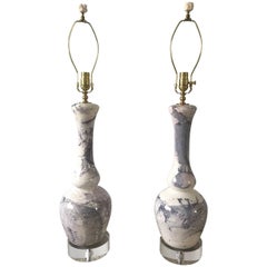 Pair of Glazed Ceramic Table Lamps with Swirled Cream/Gray/Lavender
