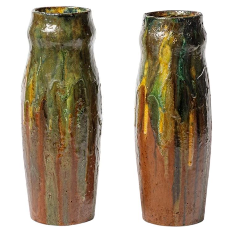 Pair of glazed ceramic vases by Arthur Craco, circa 1900. For Sale