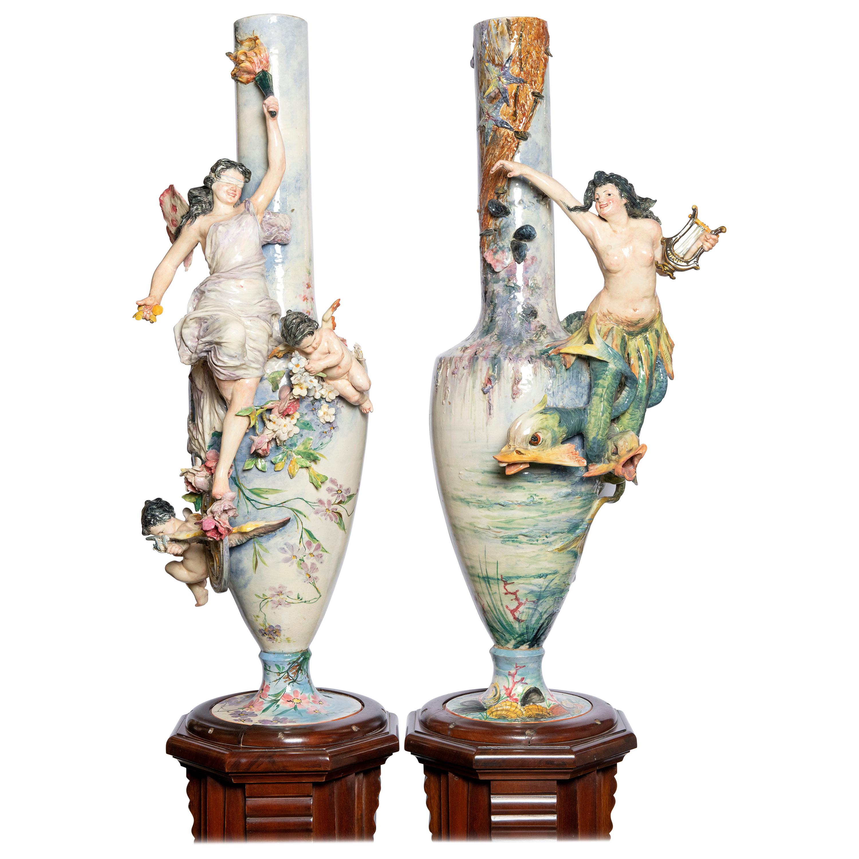 Pair of Glazed Ceramic Vases with Wood Base, France, Late 19th Century