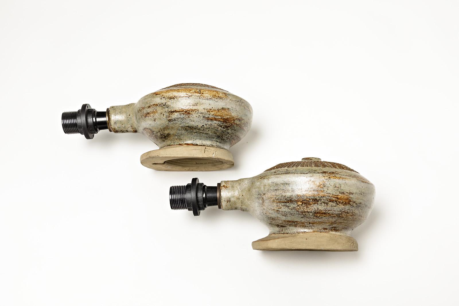 Pair of glazed ceramic wall lamps, green and brown by Robert Héraud, circa 1960. For Sale 1