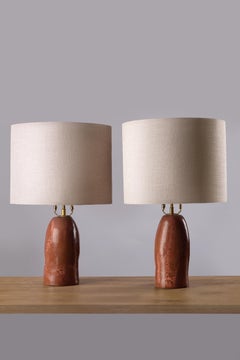 Pair of Glazed Chocolate Stoneware Lamps, Golden Hour Tribute to the Sunset Glow