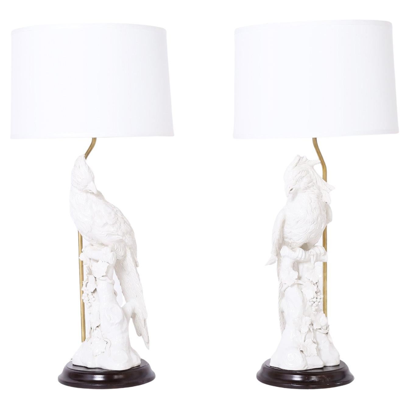 Pair of Glazed Earthenware Bird or Parrot Table Lamps