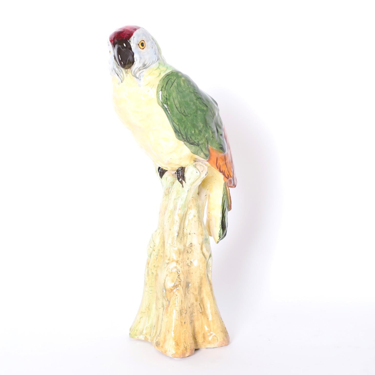 Italian Pair of Glazed Earthenware Parrots For Sale