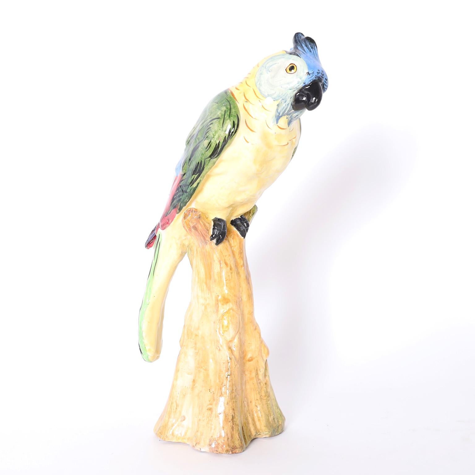 Pair of Glazed Earthenware Parrots For Sale 1