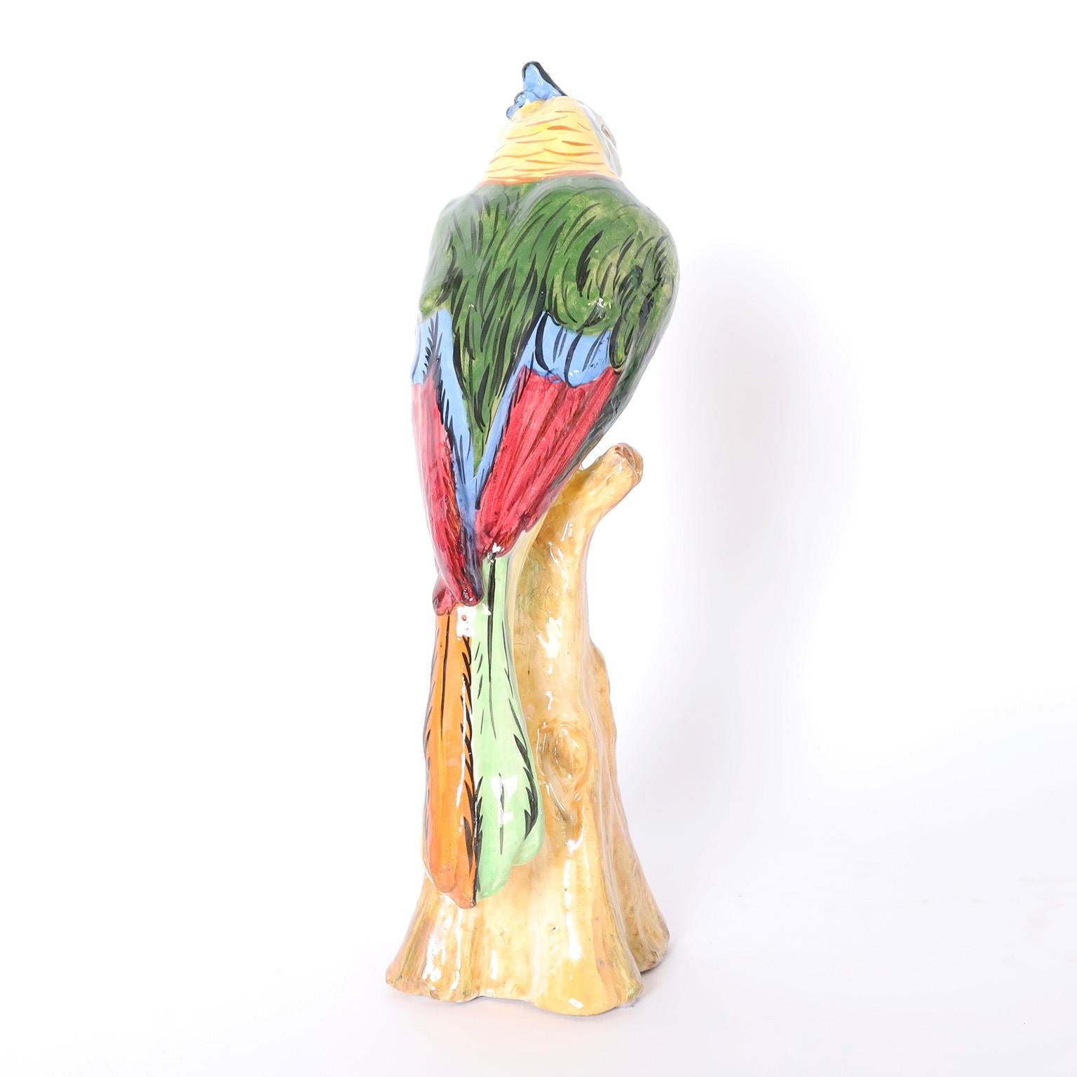 Pair of Glazed Earthenware Parrots For Sale 2