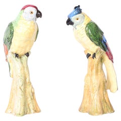 Vintage Pair of Glazed Earthenware Parrots