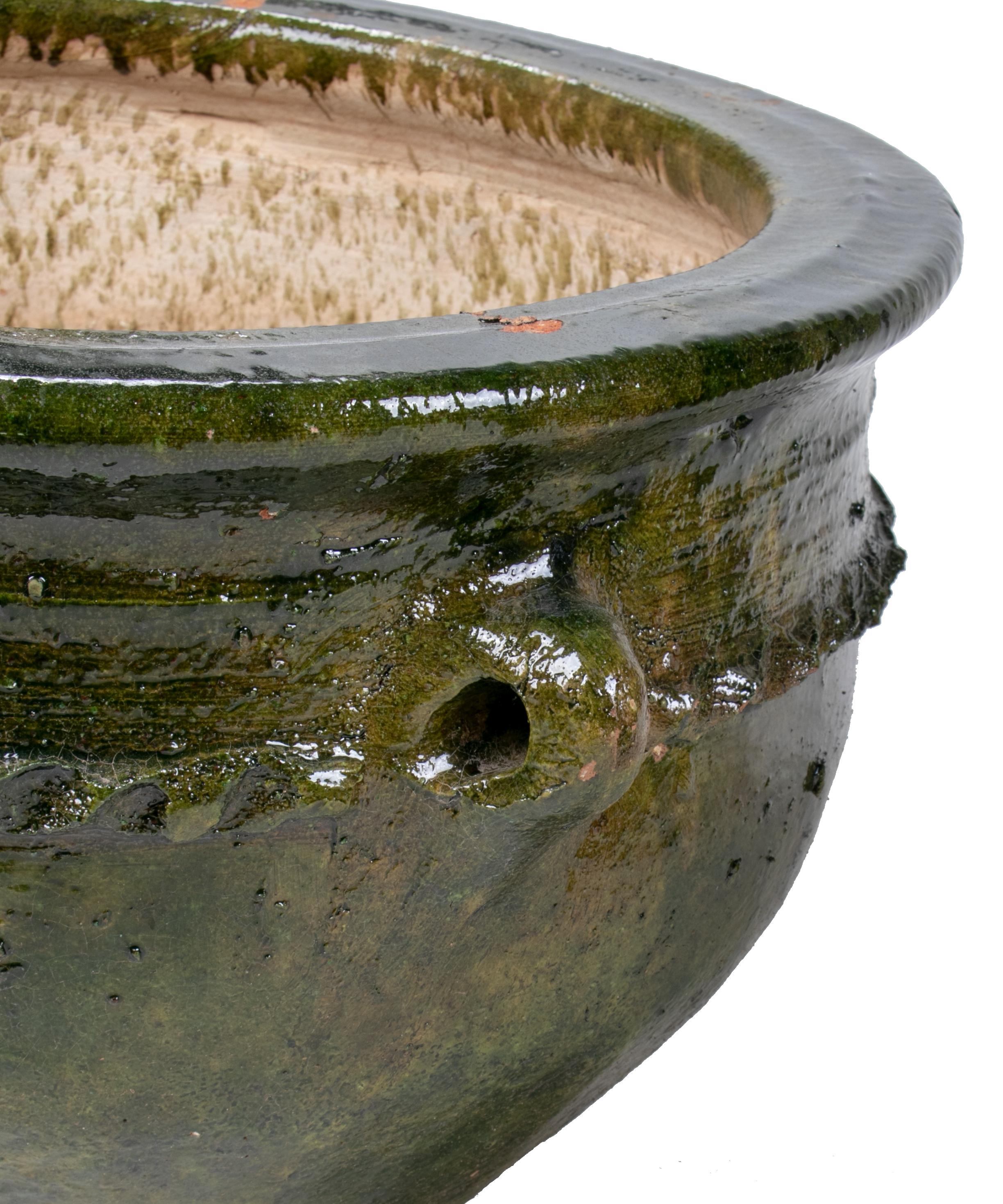 Contemporary Pair of Glazed Green Ceramic Pots