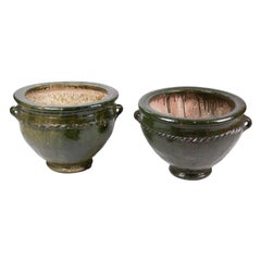 Pair of Glazed Green Ceramic Pots