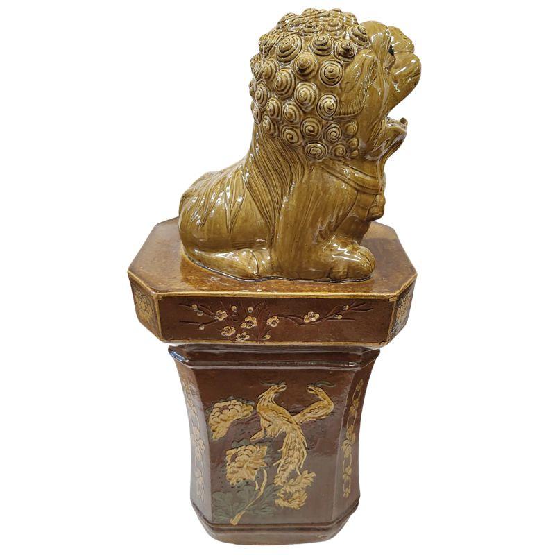 Pair of Glazed Ochre Foo Dogs on Pedestals In Good Condition For Sale In Locust Valley, NY
