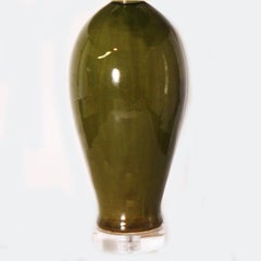 Pair of Glazed Olive Green Ceramic Lamps, circa 1960