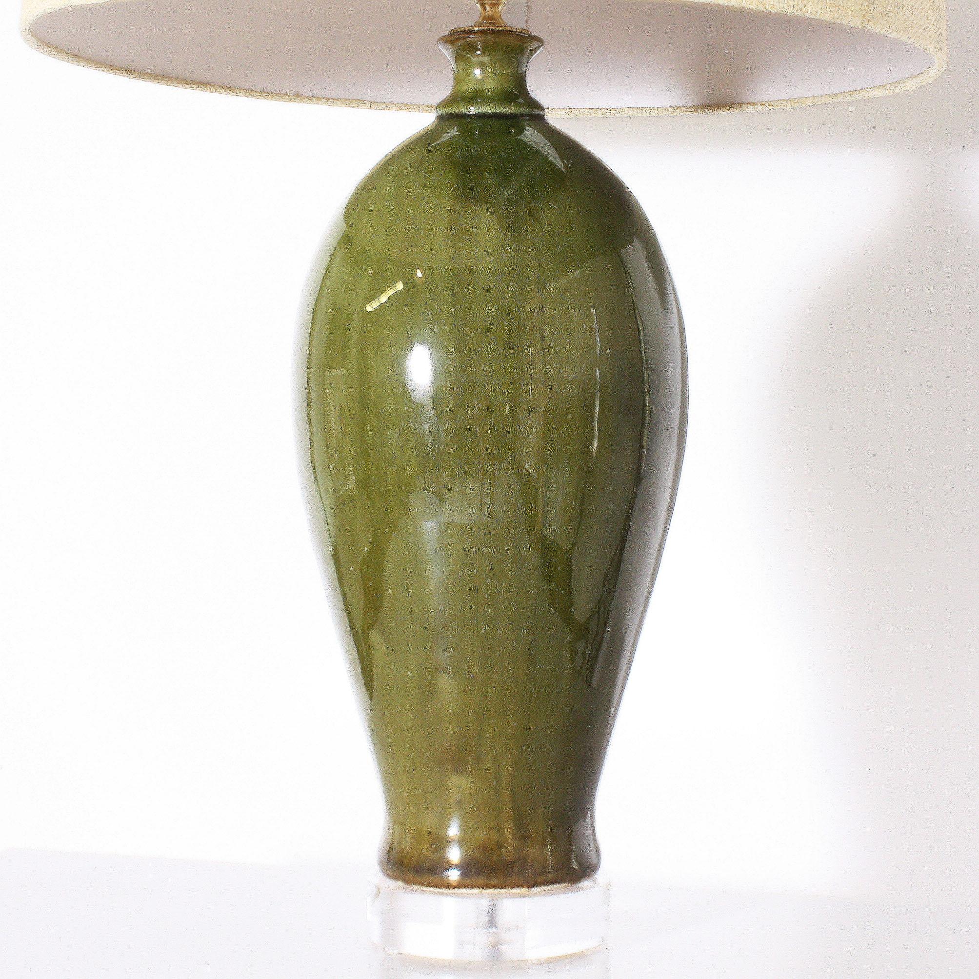 Pair of Glazed Olive Green Ceramic Lamps, circa 1960 In Good Condition In Dallas, TX