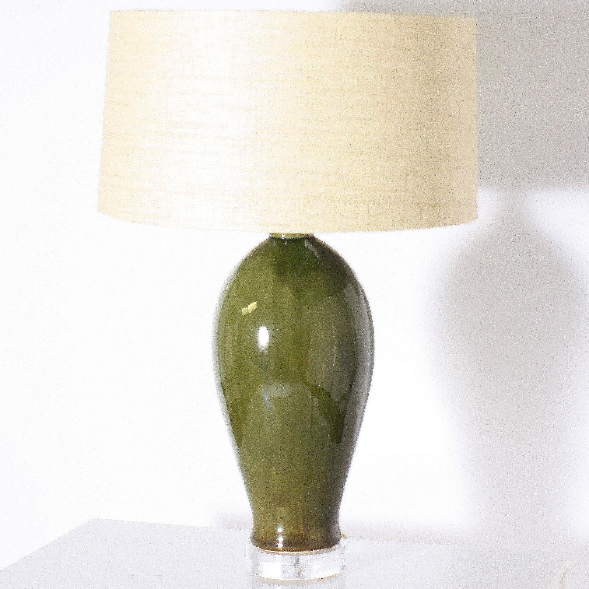 Mid-20th Century Pair of Glazed Olive Green Ceramic Lamps, circa 1960