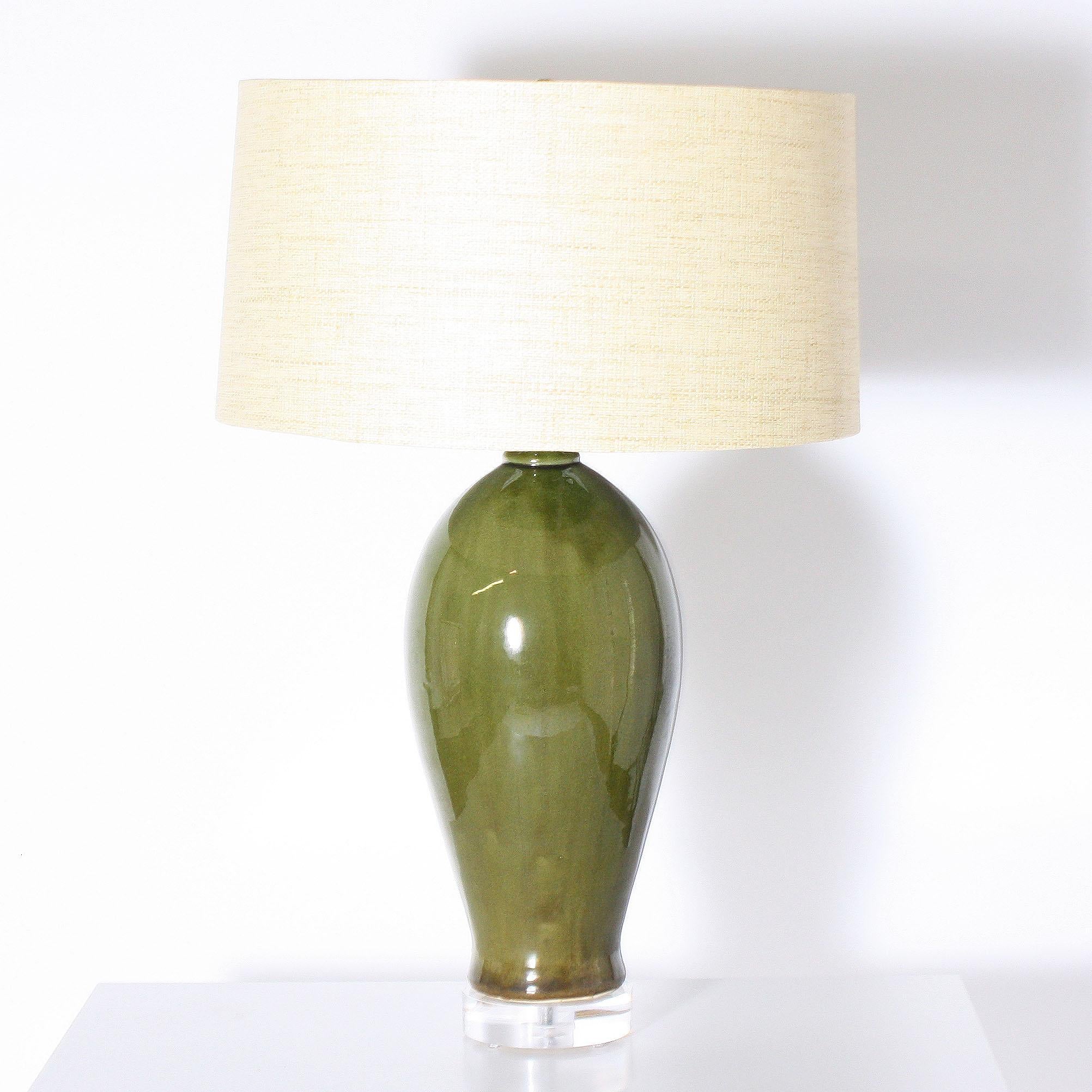 Pair of Glazed Olive Green Ceramic Lamps, circa 1960 1