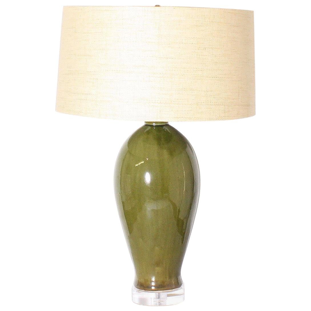 Pair of Glazed Olive Green Ceramic Lamps, circa 1960