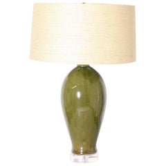 Pair of Glazed Olive Green Ceramic Lamps, circa 1960