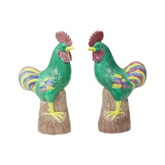 Pair of Glazed Polychrome Roosters Chinese Porcelain 34cm