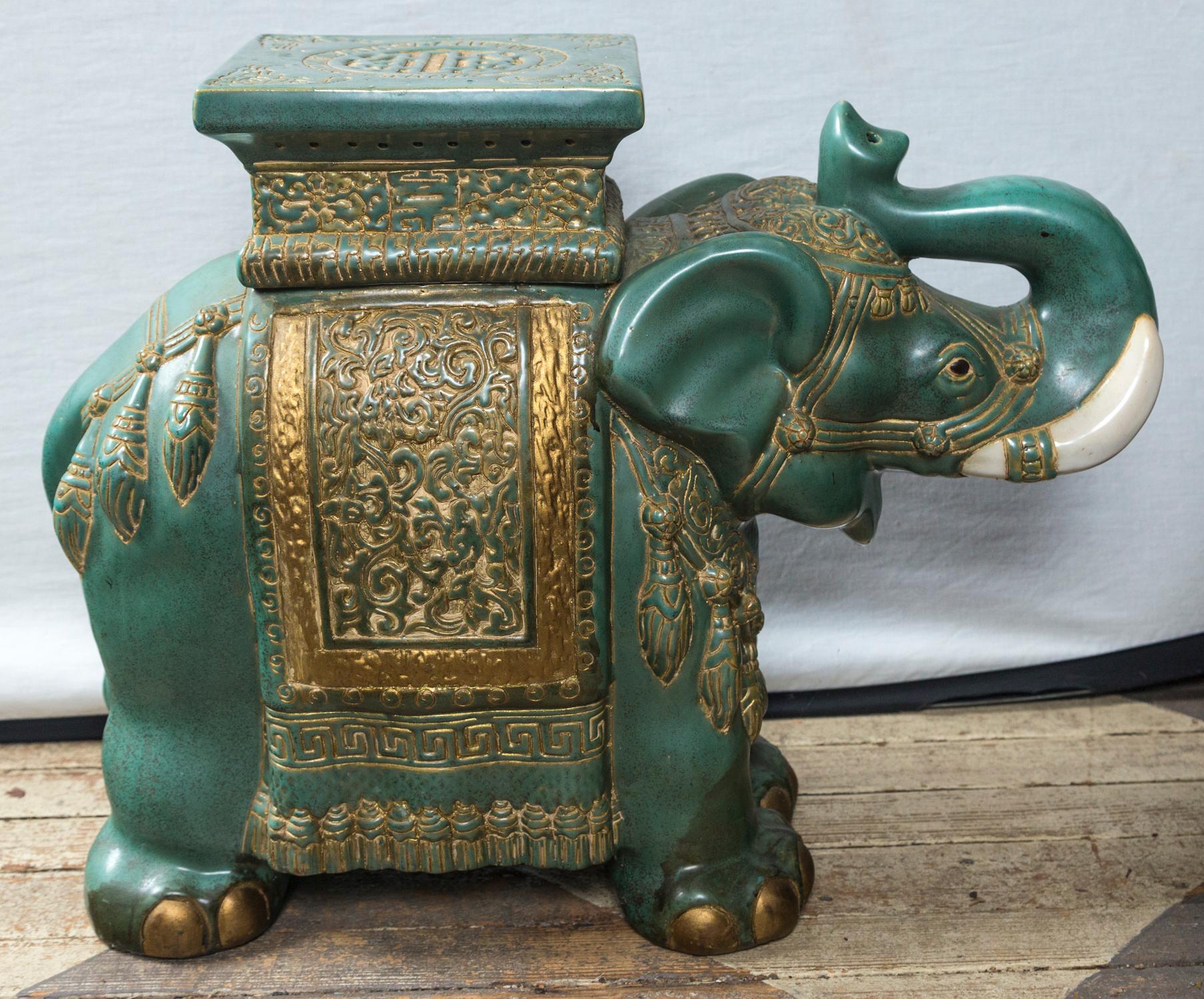 Asian Pair of Glazed Pottery Elephants End Tables
