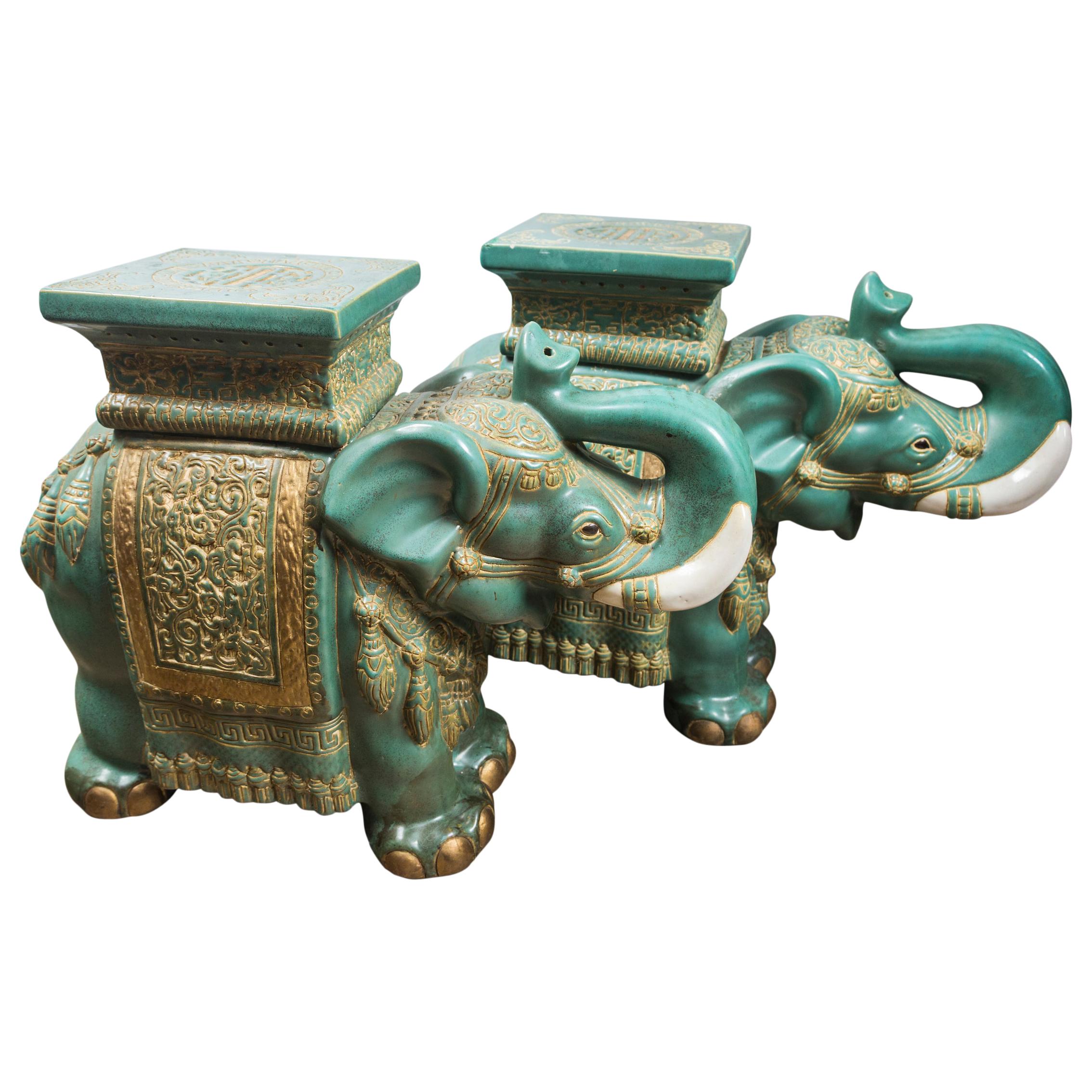 Pair of Glazed Pottery Elephants End Tables