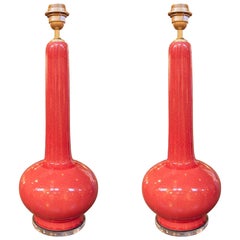 Pareja de Lámparas de Mesa de Cerámica Roja Esmaltada, Estilo Moderno de Mediados de Siglo