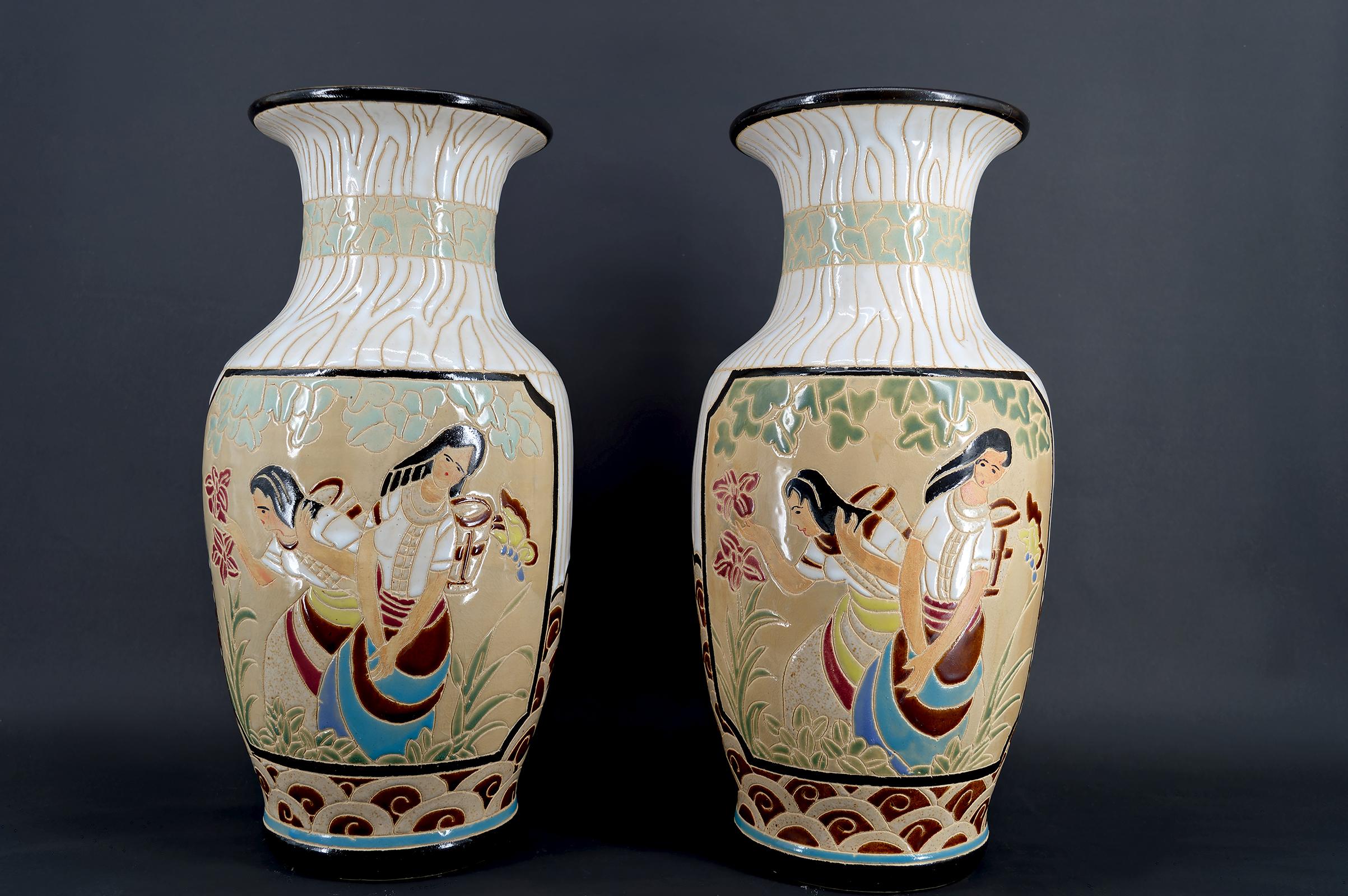 Vietnamese Pair of Glazed Stoneware Baluster Vases, Bien Hoa, Art Deco, Indochina, 1930's For Sale