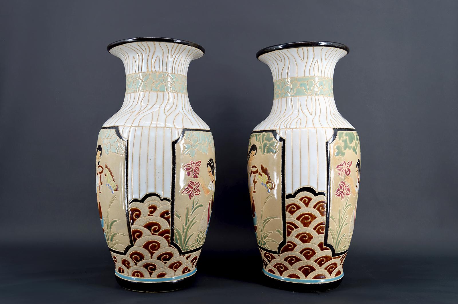 Enameled Pair of Glazed Stoneware Baluster Vases, Bien Hoa, Art Deco, Indochina, 1930's For Sale