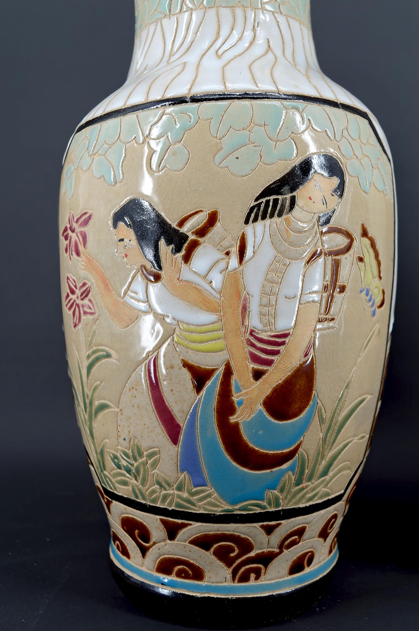 Mid-20th Century Pair of Glazed Stoneware Baluster Vases, Bien Hoa, Art Deco, Indochina, 1930's For Sale