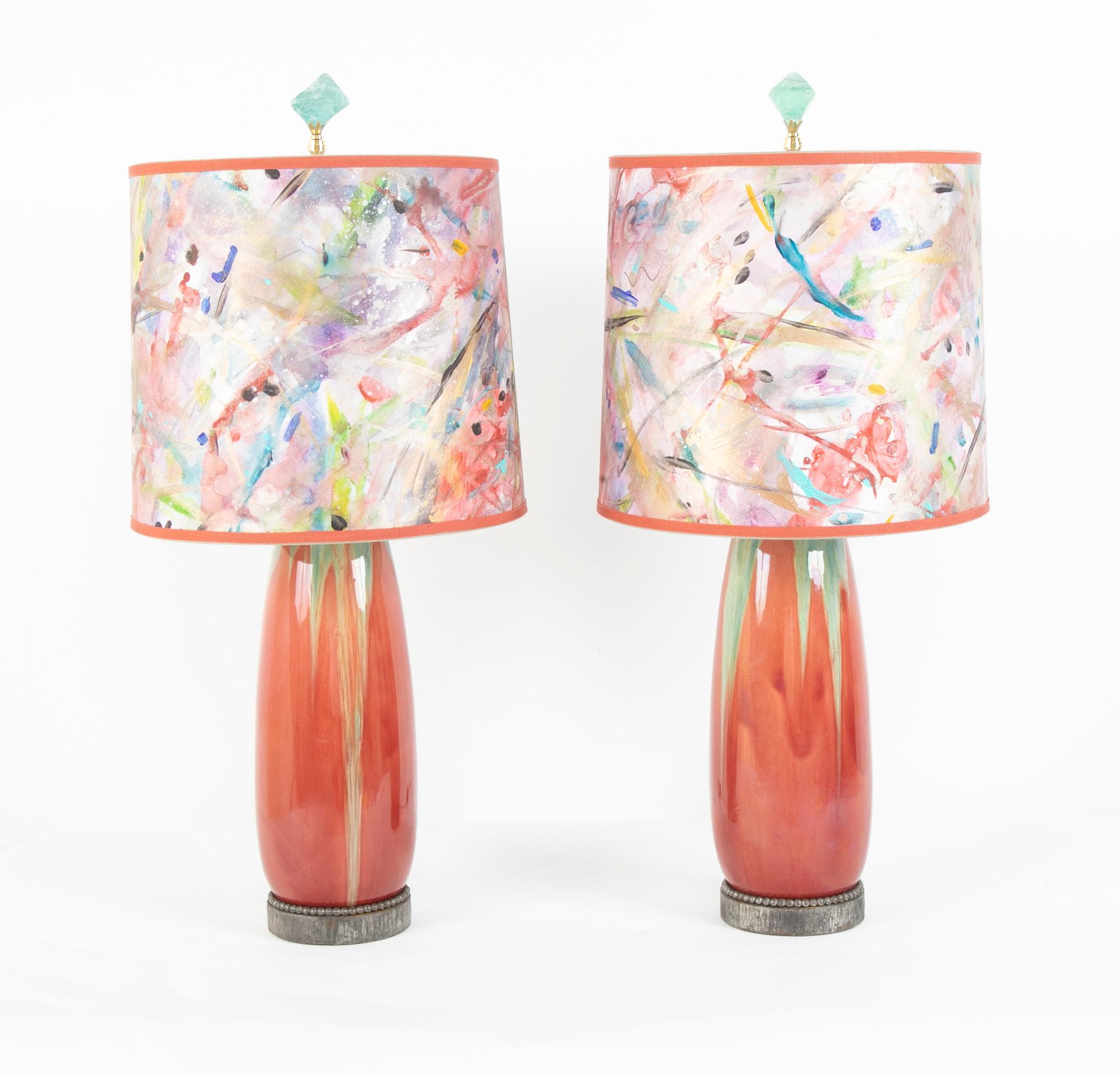 Pierre-Adrien Dalpayrat (French, 1844-1910) pair of glazed stoneware pottery of ox-blood and blue-green color now lamps, early 20th century.
A pair of Beaux Arts lamps produced in a collaboration between ceramists Pierre-Adrien Dalpayrat and metal