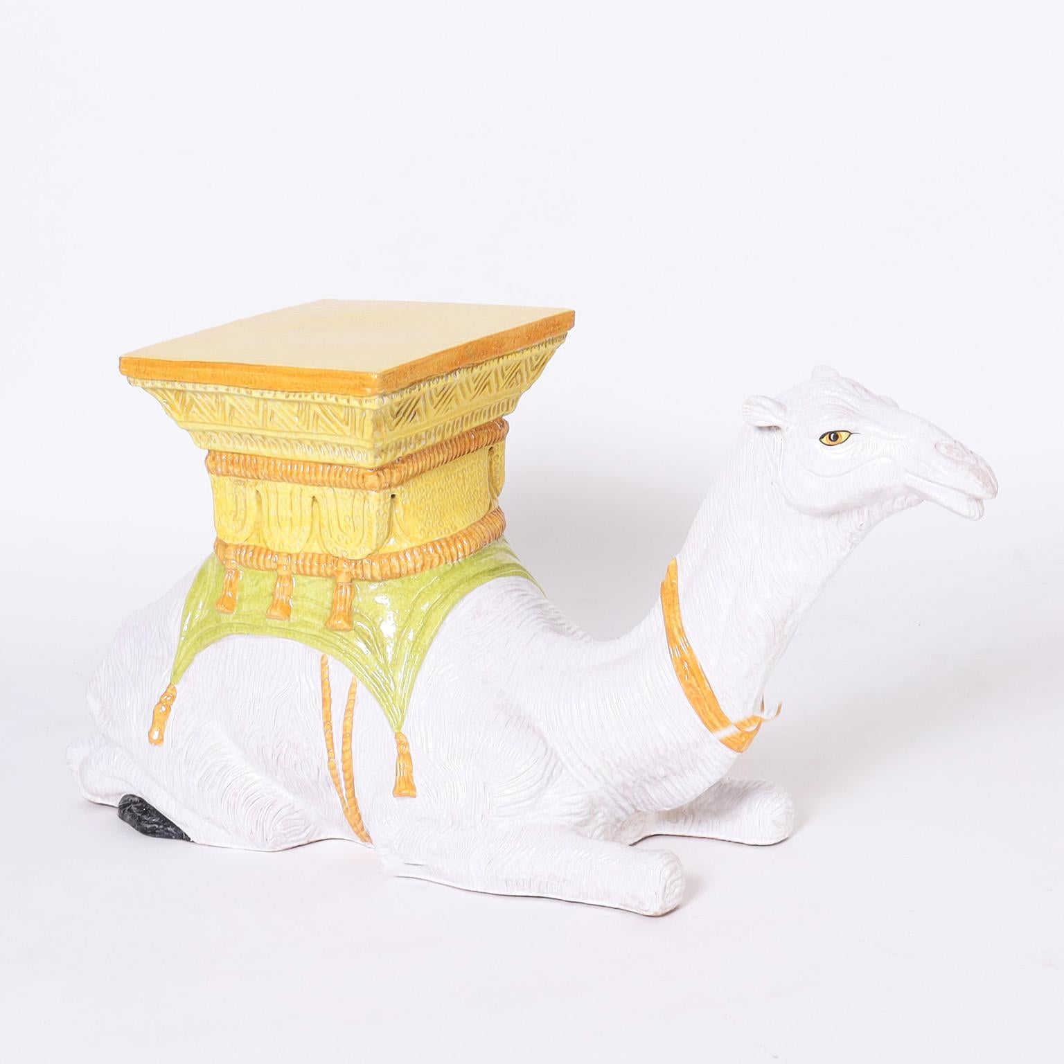 Mid-Century Modern Pair of Glazed Terra Cotta Camel Stands