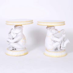 Pair of Glazed Terracotta Monkey Musician Stands